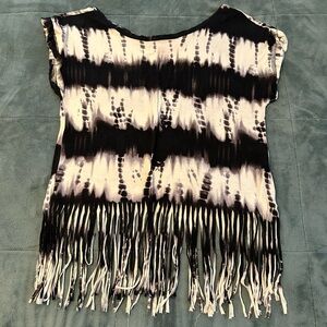 Hot Kiss Black & White Tie-Dye Fringe Top